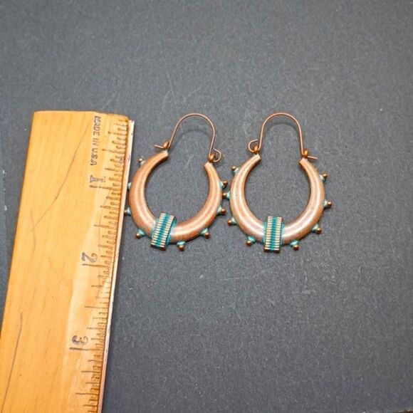 bronze tribal hoop earrings copper turquoise - Picture 2 of 3
